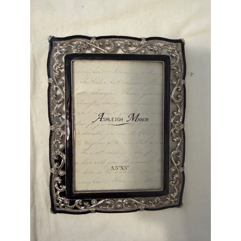 Ashleigh Manor Silver Black Enamel Rhinestone Ornate Filigree 3.5x5 Photo Frame